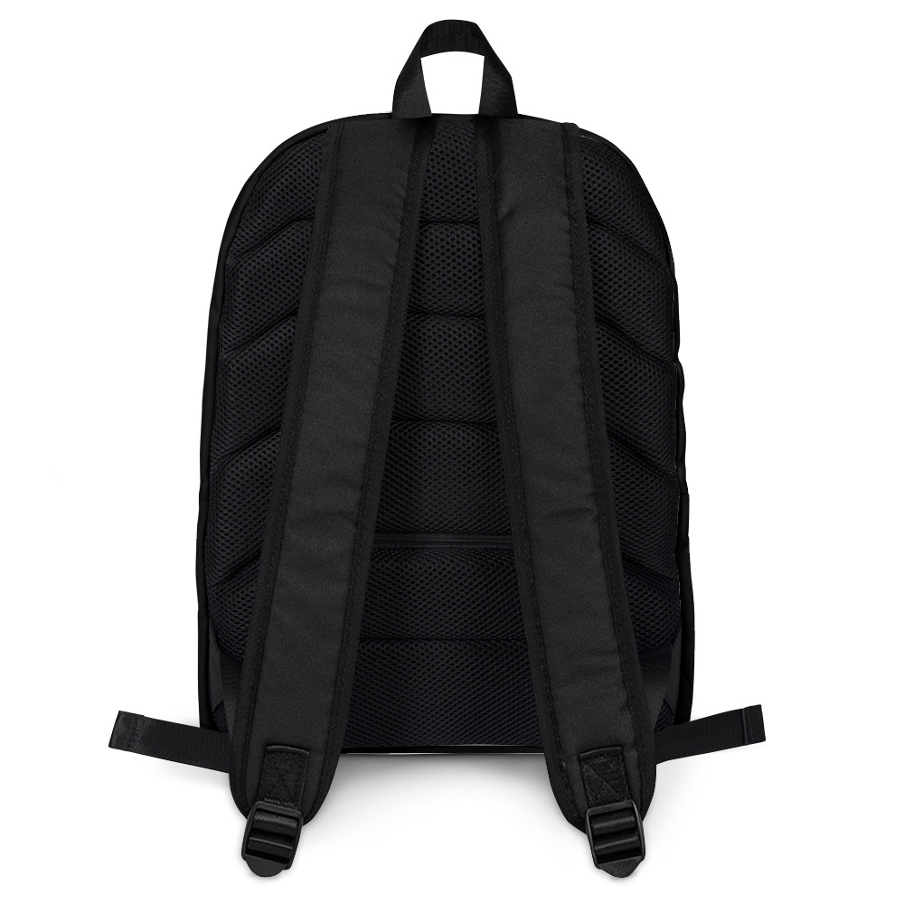 Schwarzer ergonomischer Rucksack Rückansicht auf weißem Hintergrund.
