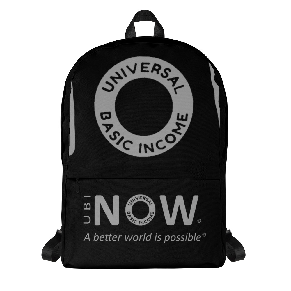 Schwarzer Rucksack mit dem Aufdruck "Universelles Grundeinkommen".