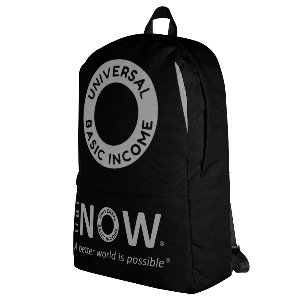 Schwarzer Rucksack mit dem Logo des Universellen Grundeinkommens.