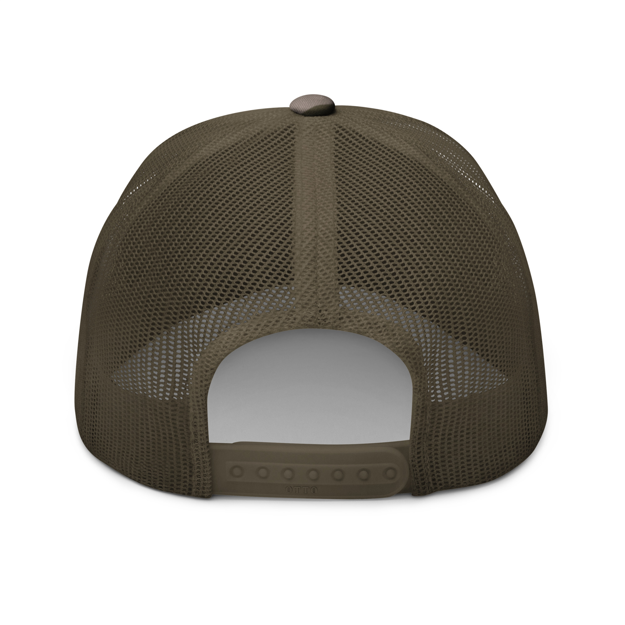 Gorra de béisbol de rejilla marrón vista trasera.