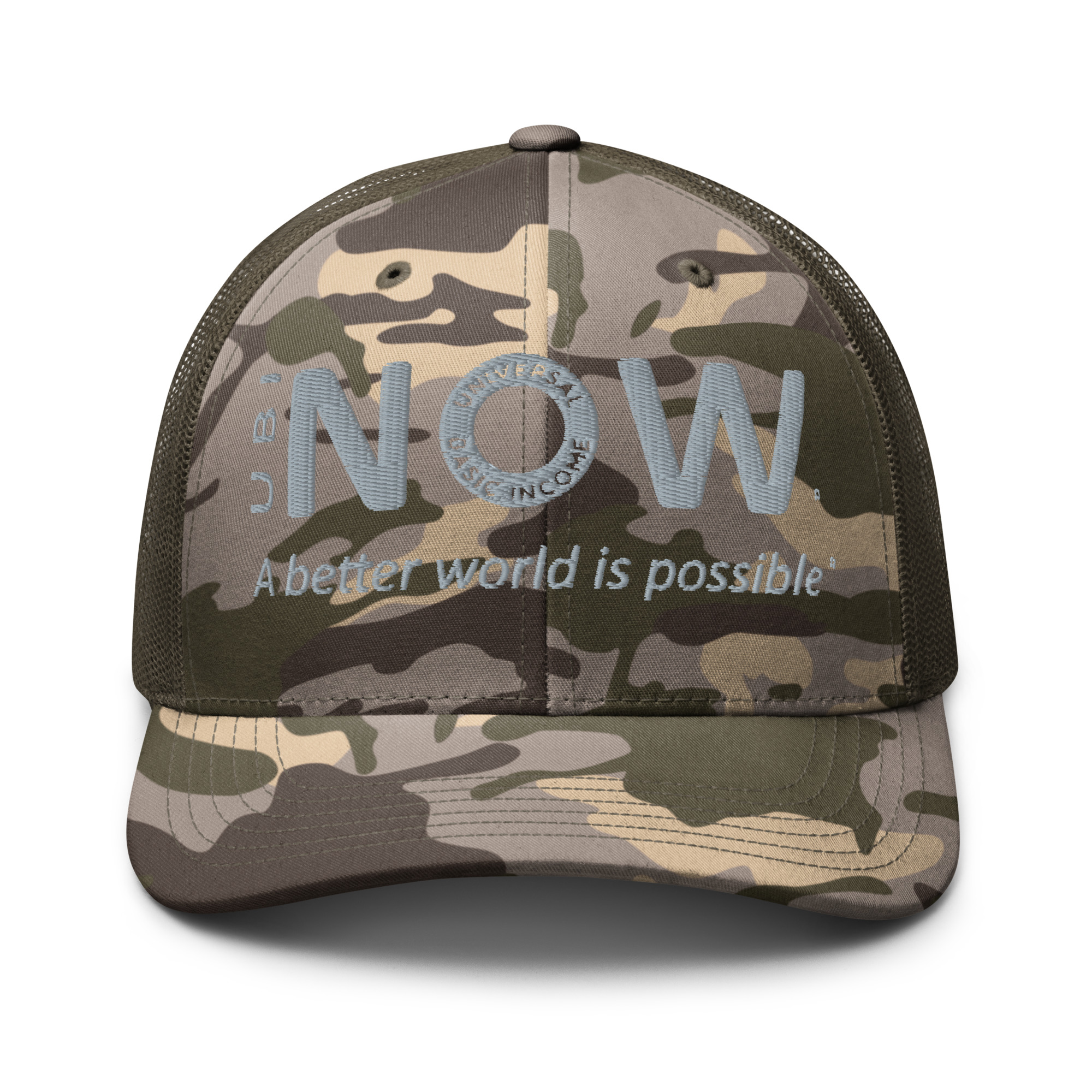 Gorra de béisbol de camuflaje con eslogan inspirador bordado.