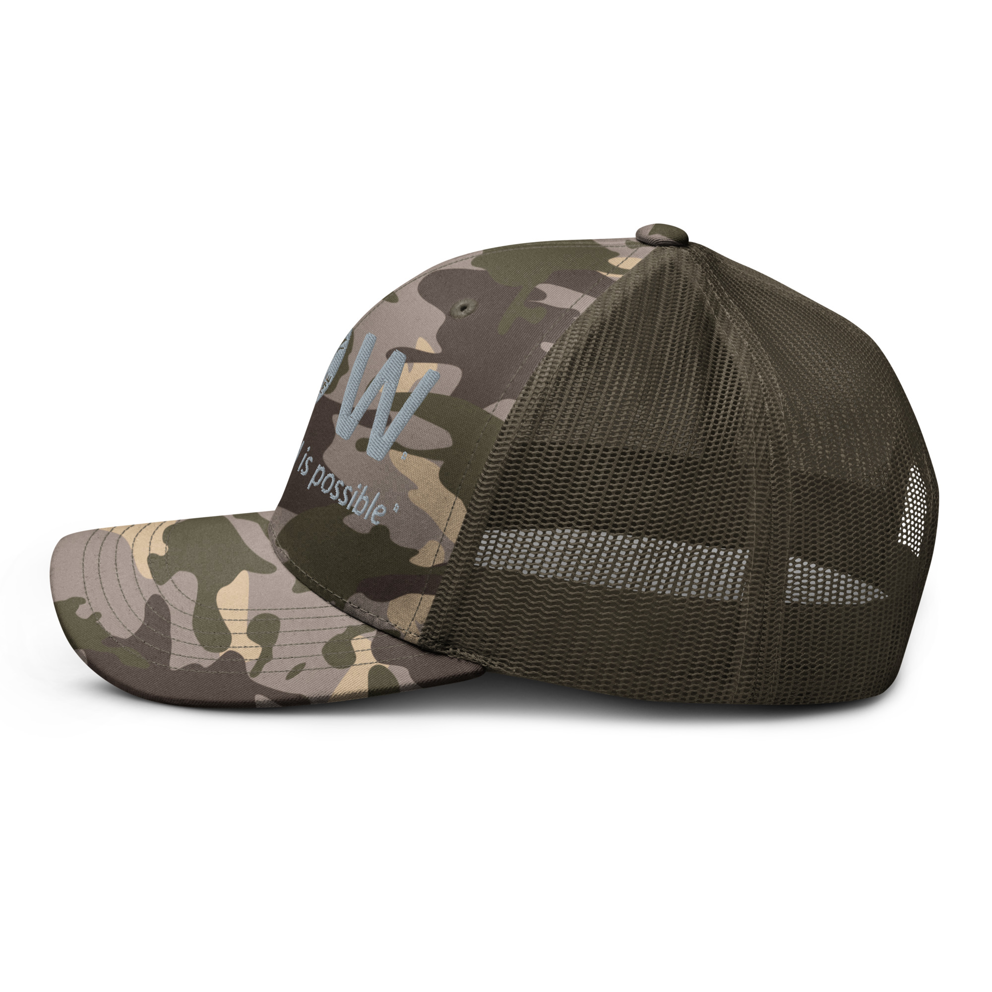 Gorra de camionero con estampado de camuflaje y parte trasera de malla.
