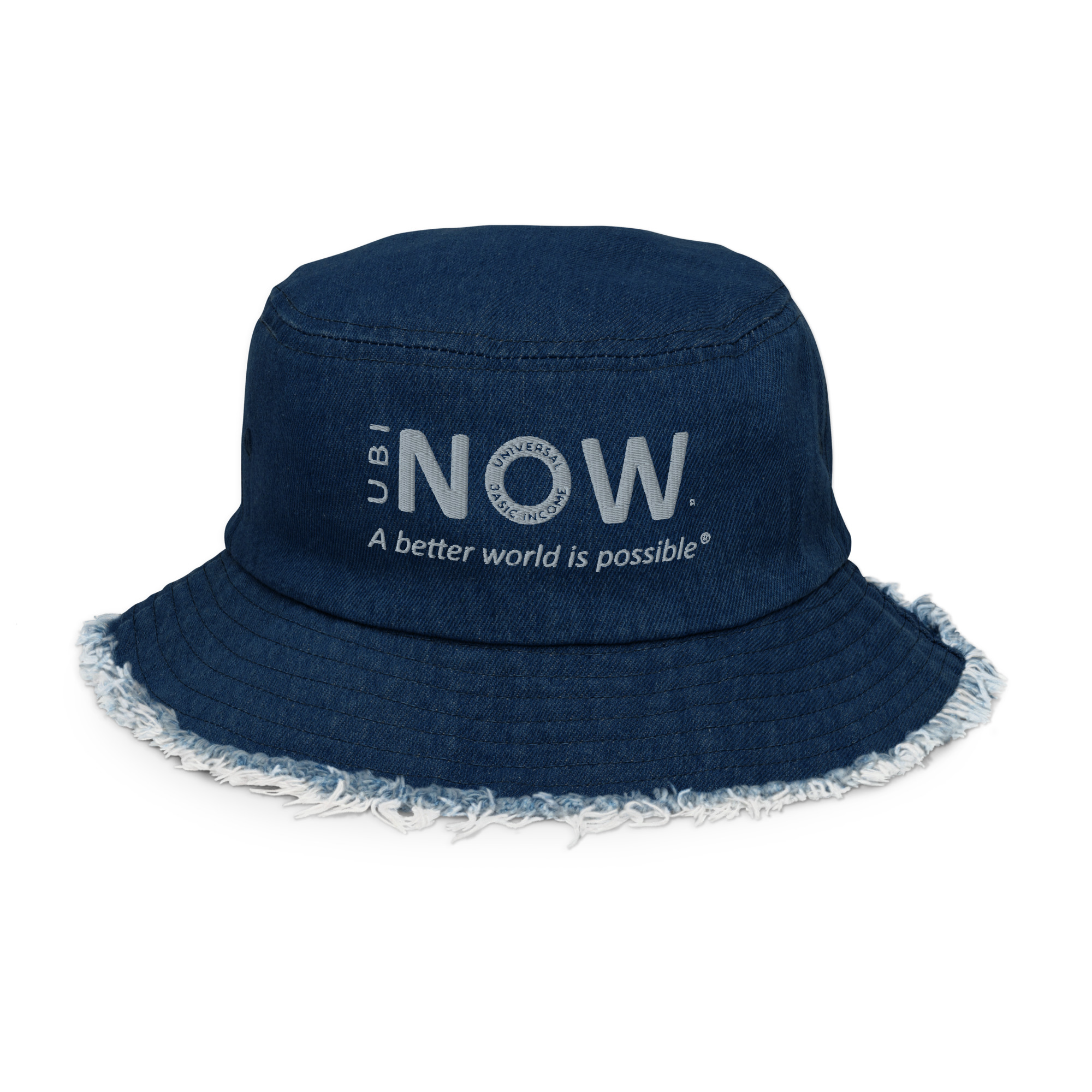Blue denim bucket hat with inspirational slogan.