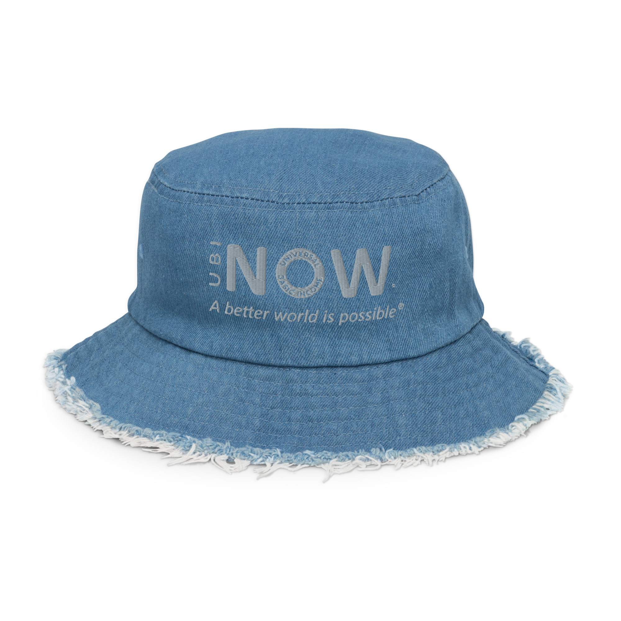 Blue bucket hat with inspirational slogan.