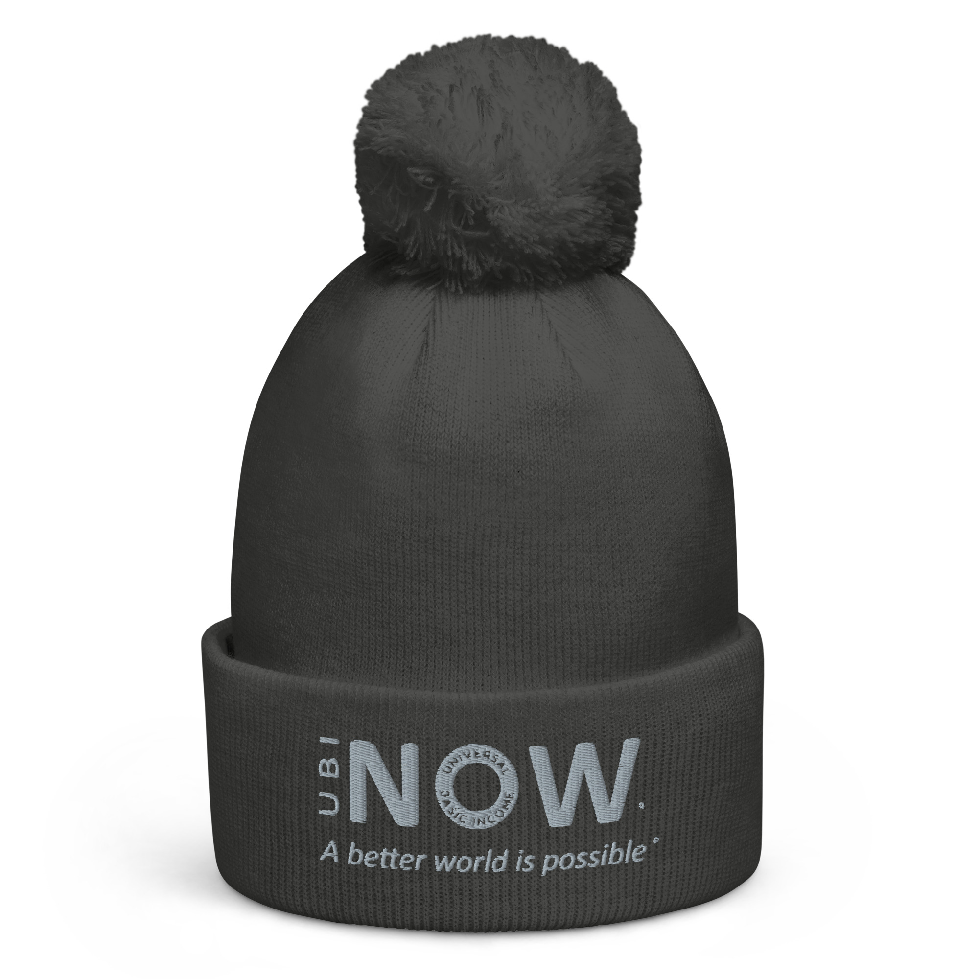 Schwarze Mütze mit Slogan und Bommel