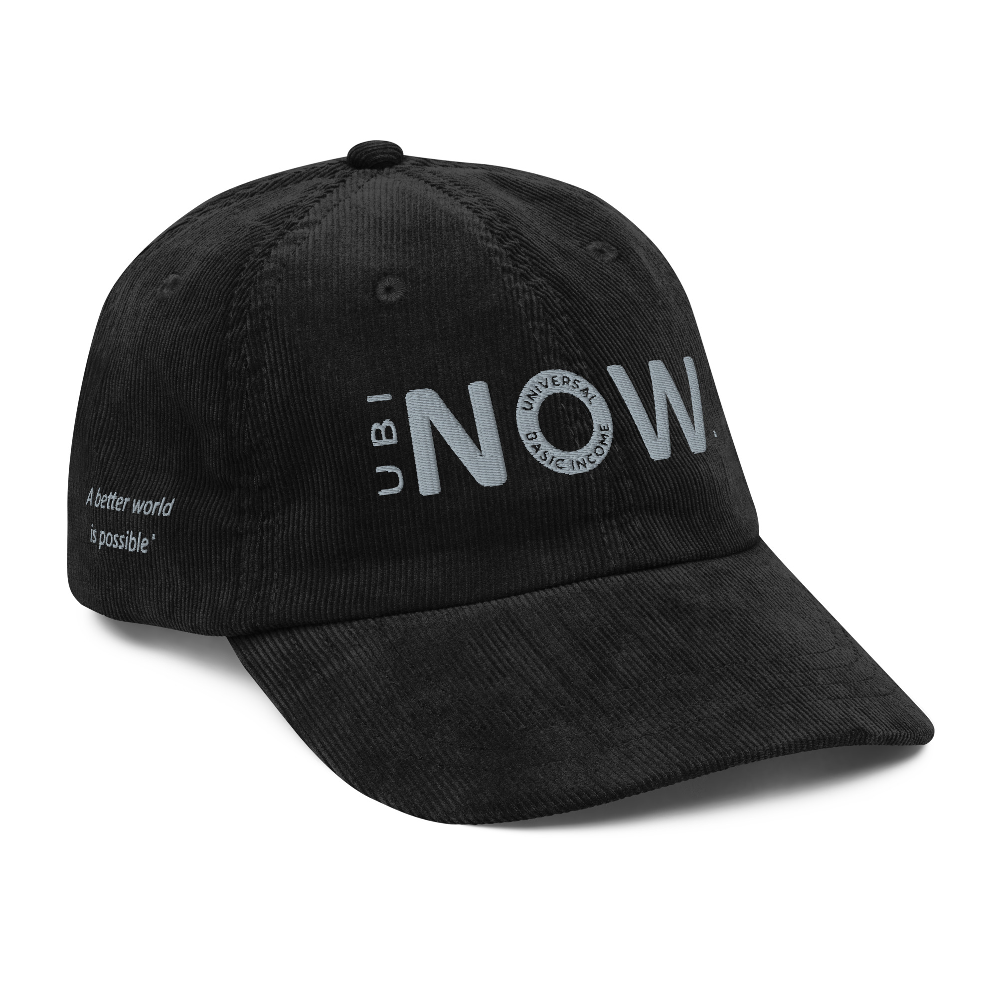 Black cap with Universal Basic Income advocacy logo.