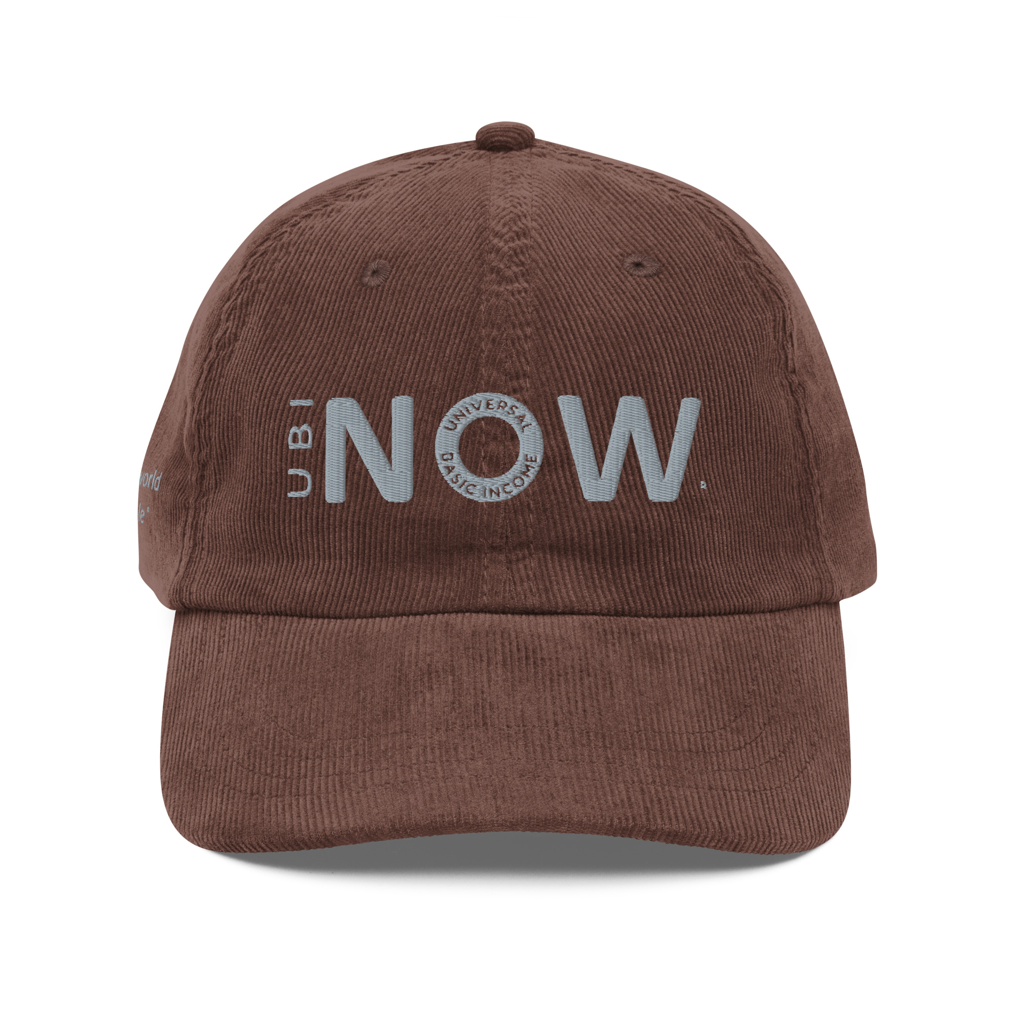 Brown baseball cap with white UBI NOW text.