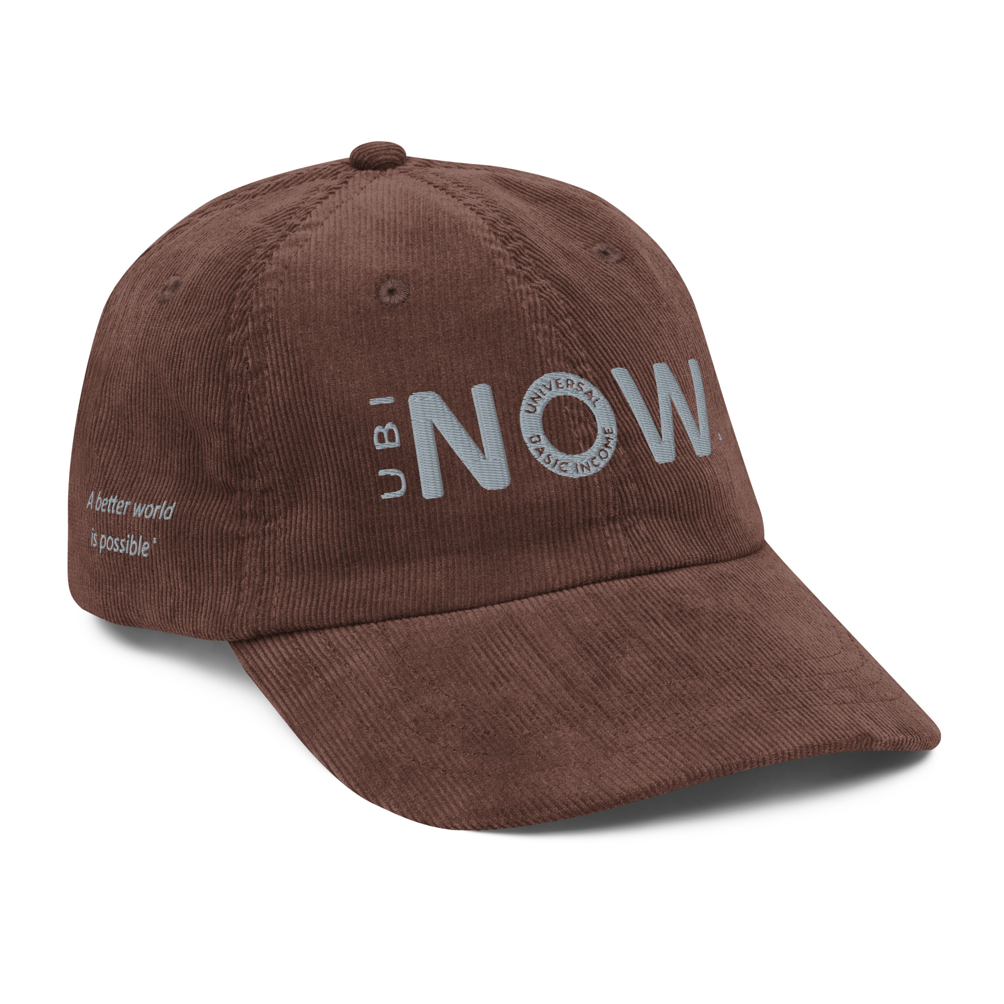 Brown baseball cap with white text design.