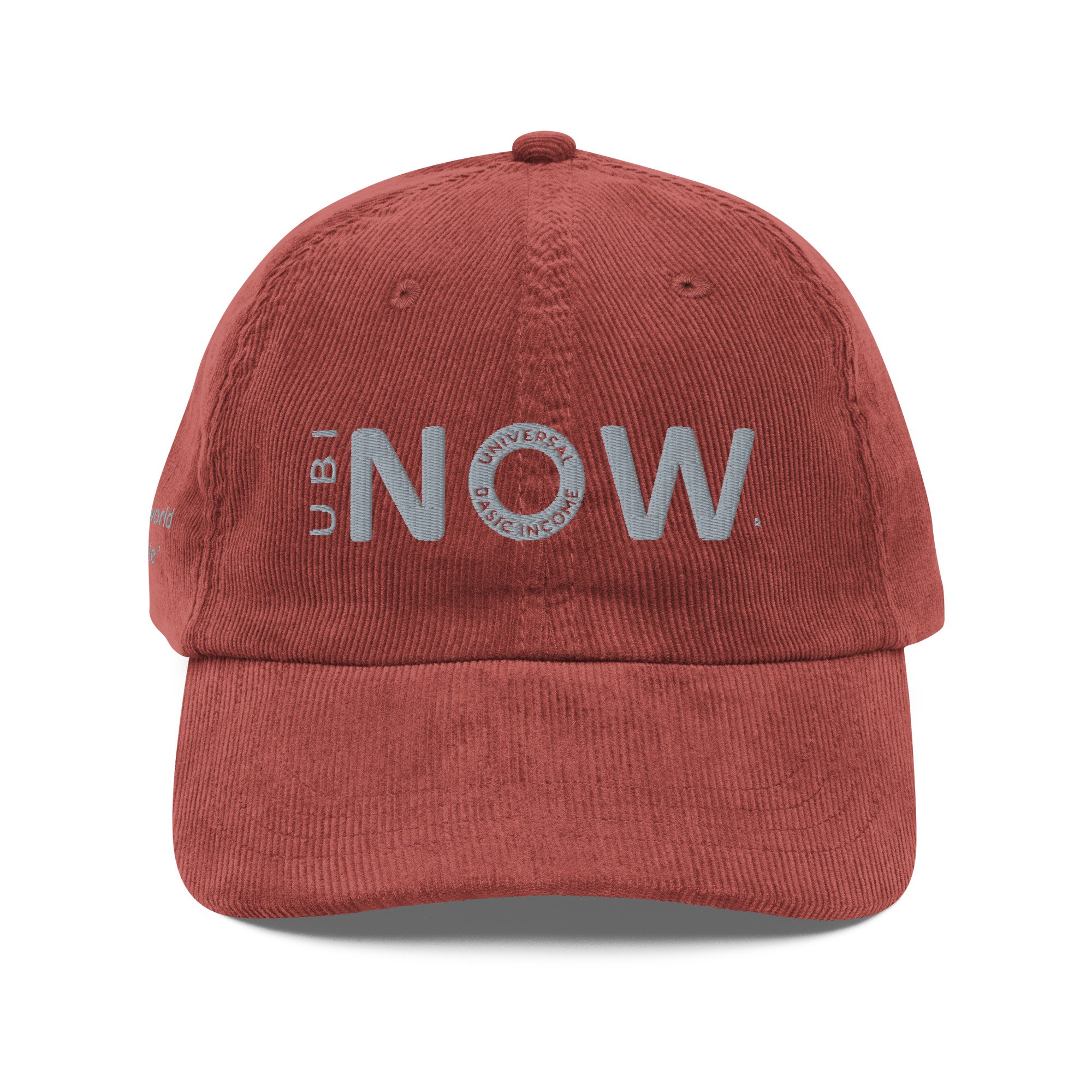 Red baseball cap with white "UBI NOW" text.