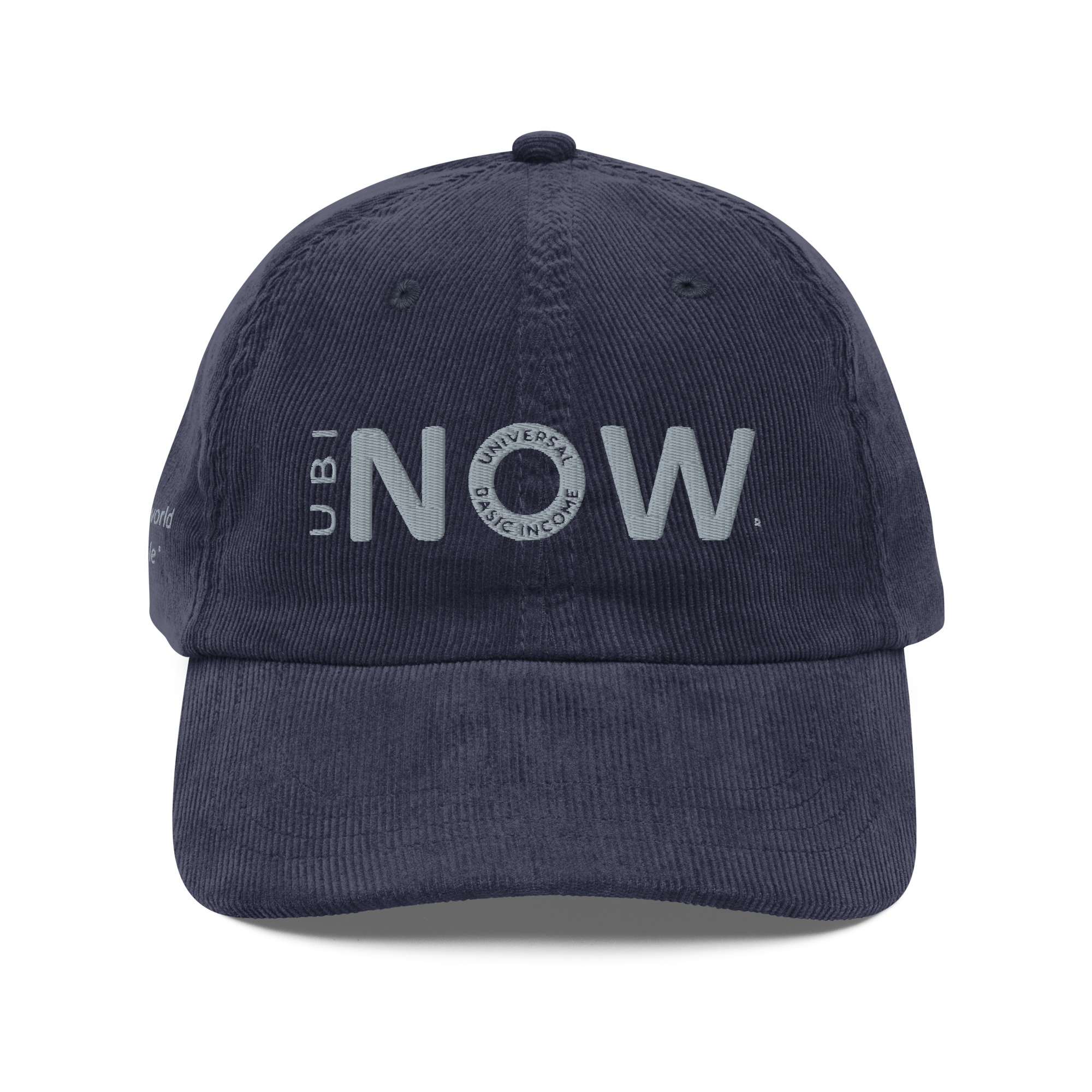 Navy blue baseball cap with white text "UBI NOW