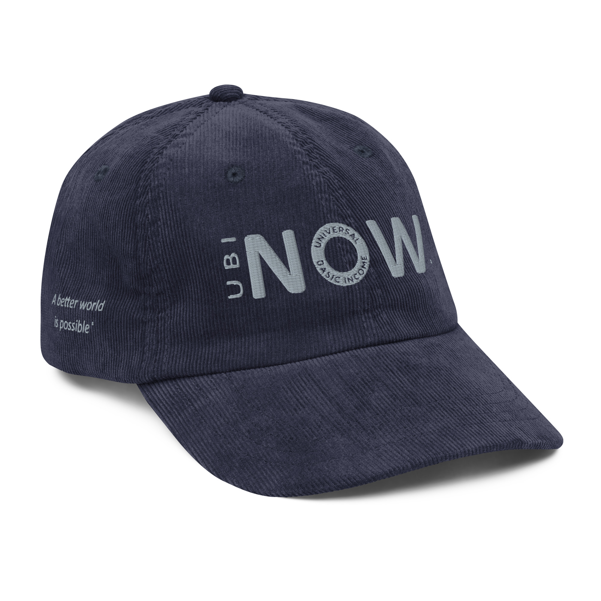 Navy baseball cap with universal basic income slogan.