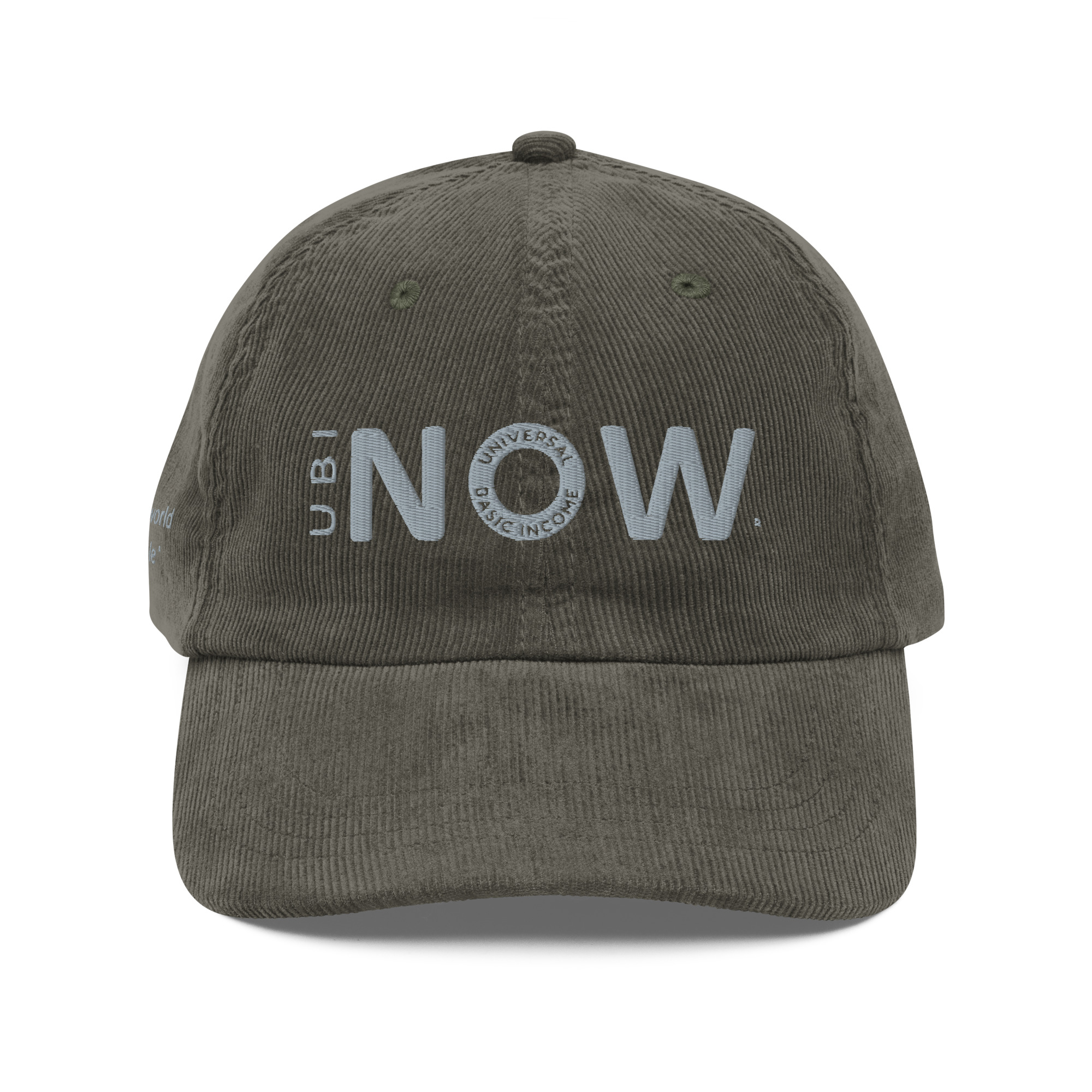 Olive green baseball cap with "UBI NOW" text.