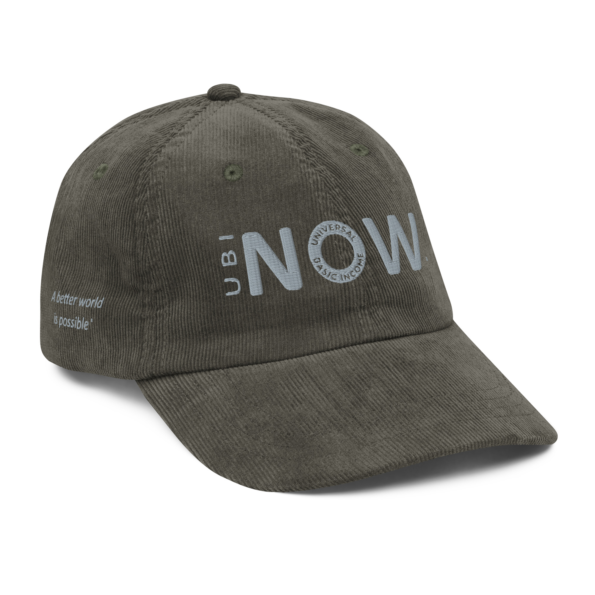 Olive green cap with "UBI NOW" advocacy slogan.