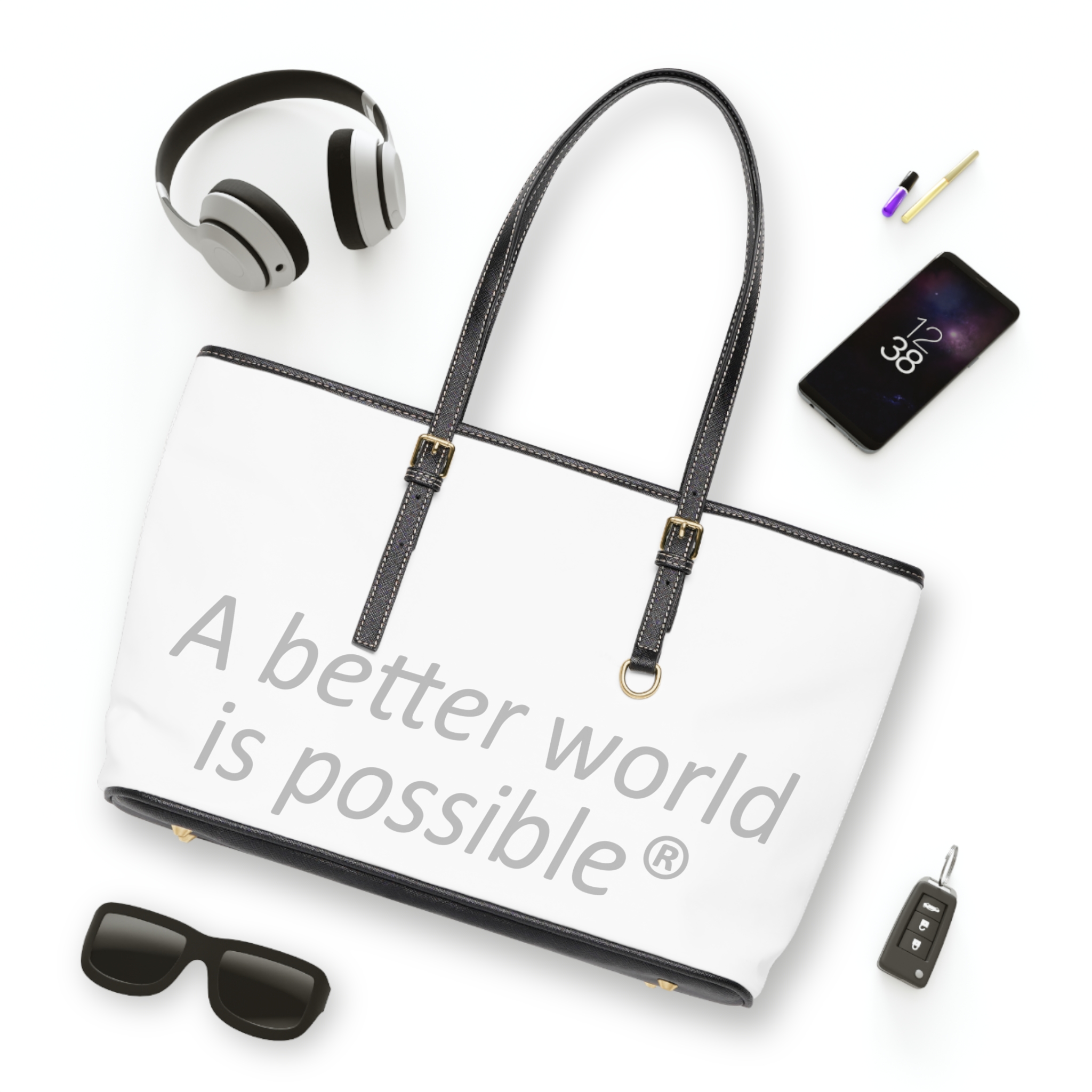 PU Leather Shoulder Bag — “A Better World Is Possible” Printed Tote - Image 4