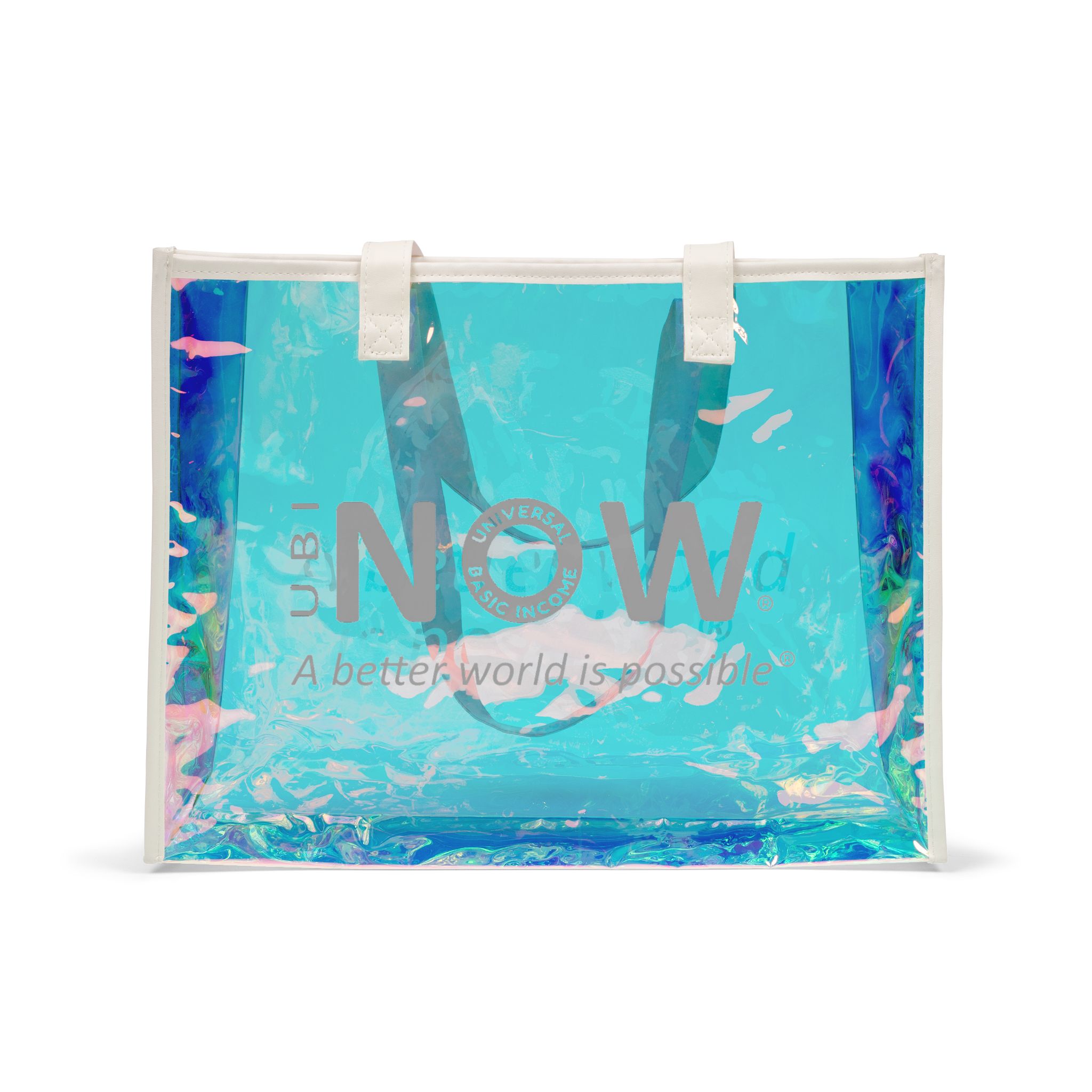 Iridescent blue transparent tote bag with white handles