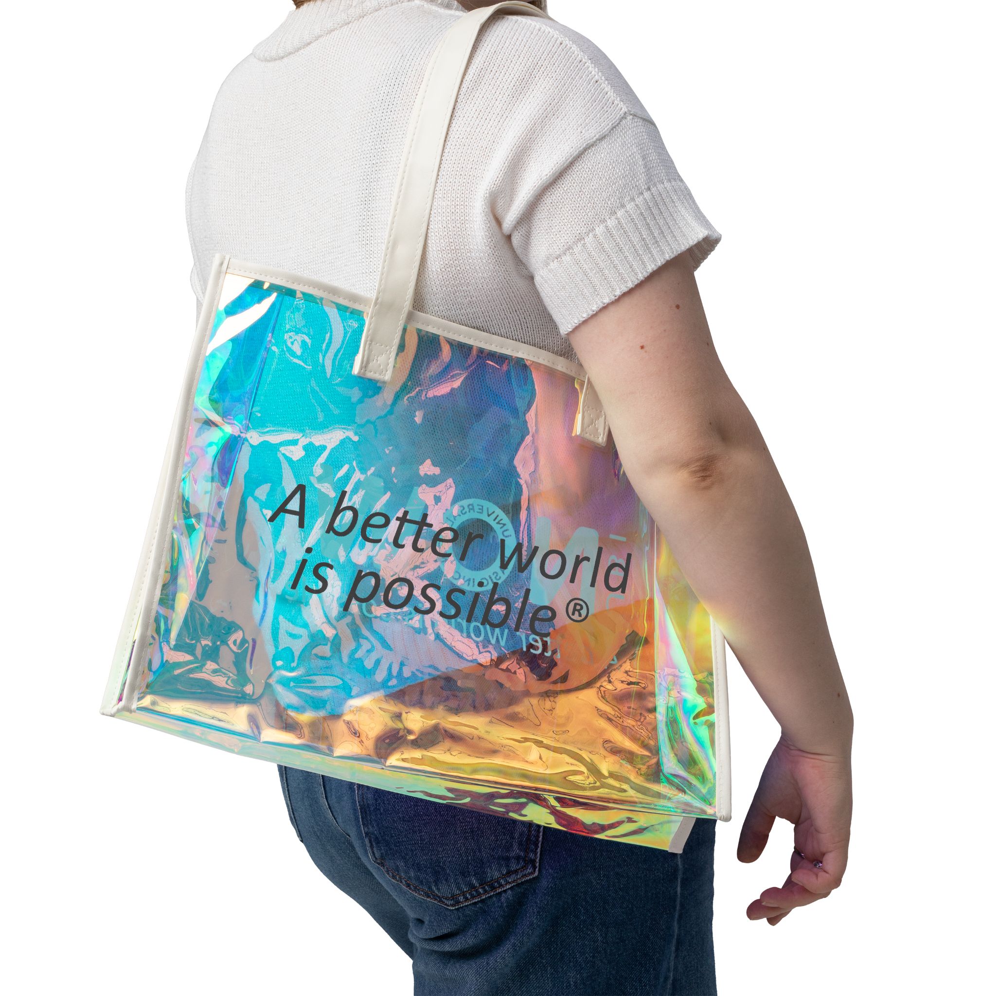 Person carrying iridescent transparent tote bag
