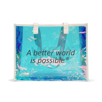 Iridescent transparent tote bag with white handles